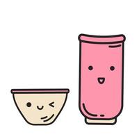 Tea pair for tea ceremony with a face. Kawaii character. Doodle style vector