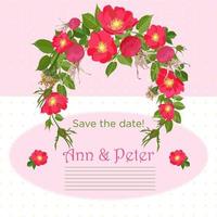 Wedding invitation with bouquet of red dog rose in realistic hand-drawn style vector