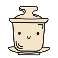 Doodle gaiwan with tea ceremony face. Kawaii character vector