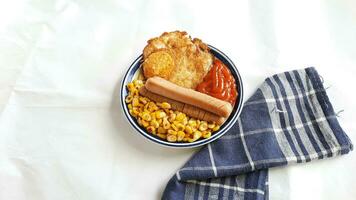 Grilled sausage breakfast menu, corn and french fries on white paper background 01 photo