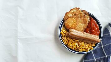 Grilled sausage breakfast menu, corn and french fries on white paper background 04 photo