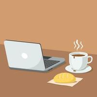 Front view of workplace office desk with laptop, cup of coffee and sourdough bread vector