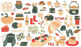 Fall items. Cozy home objects for autumn season. Vector set