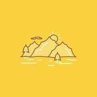 montaña. Cerro. paisaje. naturaleza. icono lleno de línea plana de árbol. hermoso botón de logotipo sobre fondo amarillo para ui y ux. sitio web o aplicación móvil vector