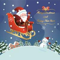 Santa Claus on a sleigh appears on Christmas Eve with snowman, pine trees and hut in the background vector