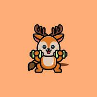 Cute deer lifting dumbbell cartoon vector