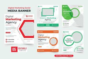 colección de plantillas de publicación de redes sociales de marketing digital con formas creativas. diseño de paquete de banner web de negocios de marketing con colores rojo y verde. vector de conjunto de plantillas de negocios corporativos modernos.