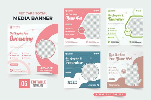 Pet veterinary business template bundle for social media marketing. Pet care shop promotional web banner collection with pink and blue colors. Pet shop advertisement template set with abstract shapes.