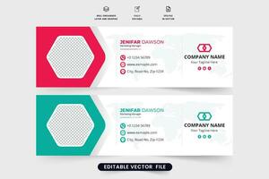 diseño de firma de correo electrónico comercial con colores rojo y verde. pie de página de correo electrónico corporativo y diseño de portada de redes sociales con formas geométricas. vector de firma de correo electrónico digital con un marcador de posición de foto.