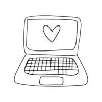 Doodle laptop with heart on white background vector