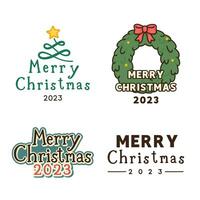 Merry Christmas logo sticker text kawaii doodle flat cartoon vector illustration