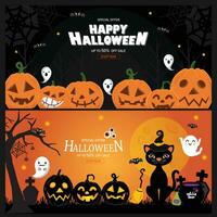 Halloween Sale Promotion Poster or banner with spooky flying ghosts, spiders,bats and scary pumpkins vector