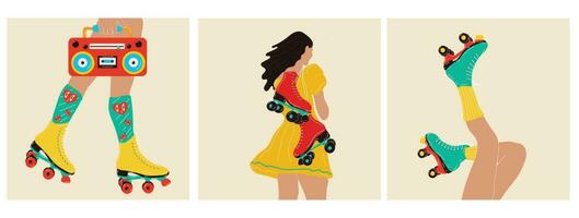 conjunto de carteles con patines, boombox y una chica con patines. deporte y discoteca. estilo de moda retro de los años 80. ilustraciones vectoriales en colores de moda. estilo dibujado a mano vector