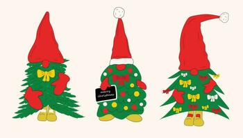 conjunto de lindos gnomos navideños hechos de árbol de navidad. vector en estilo de dibujos animados. todos los elementos están aislados