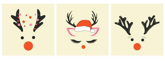 Set of three faces of a cute Christmas deer with a garland.Vector in cartoon style. All elements are isolated vector