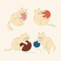 Set of cute cats with Knitting and balls of yarn. Vector