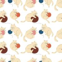 Seamless pattern with Set of cute cats with Knitting and balls of yarn. Vector