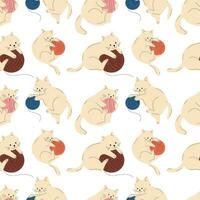 Seamless pattern with Set of cute cats with Knitting and balls of yarn. Vector