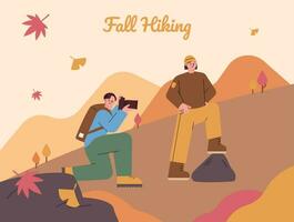Two hikers are taking a commemorative photo in the autumn mountains. Autumn mountain background with flying brown and red leaves. flat vector illustration.