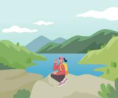 A hiker is sitting on a rock and posing for a photo. There is a lake in the background. flat vector illustration.