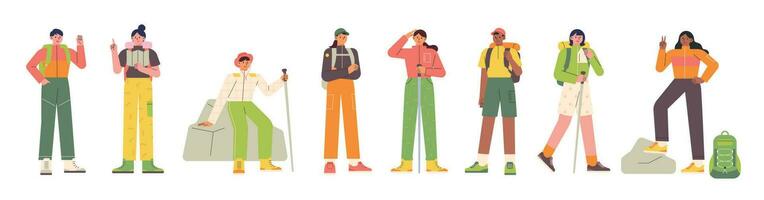 Collection of hiker characters in mountaineering clothes. flat vector illustration.