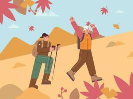 Two hikers are hiking in the autumn mountain. The leaves have turned brown and red. flat vector illustration.