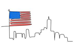 una sola línea continua del día del patriota con la bandera americana del paisaje urbano vector