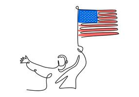 One continuous single line of patriot day with man hold american flag vector