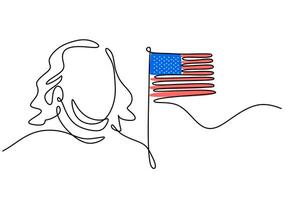 One continuous single line of patriot day with statue american flag vector