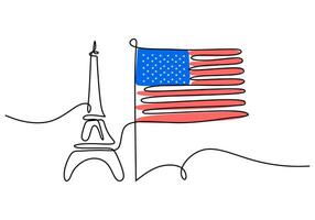 una sola línea continua del día del patriota con torre y bandera americana vector