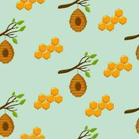 Bee and honeycomb seamless vector pattern. Hand drawn engraving style illustration