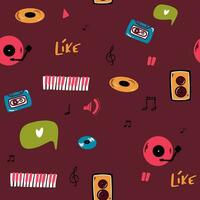 Abstract singing mic seamless pattern with music notes piano, speakers, music record, Hand drawn background. Great for textiles, wrapping paper, wallpapers. vector