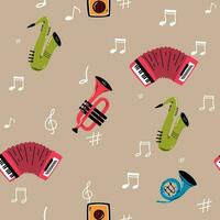 patrón de música vectorial de patrones sin fisuras con instrumentos musicales. fondo dibujado a mano. ideal para textiles, papel de envolver, papeles pintados. vector