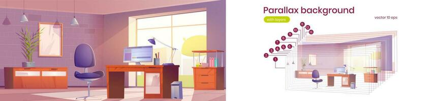 Parallax background with office workplace interior vector