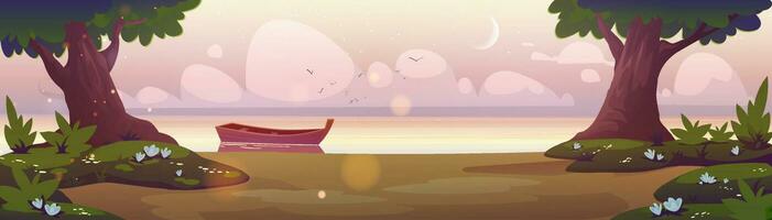 Sunrise landscape wooden boat at shore, vector