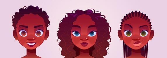 Black girl avatars, young female characters faces vector