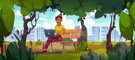 Woman freelancer with laptop work in city park vector