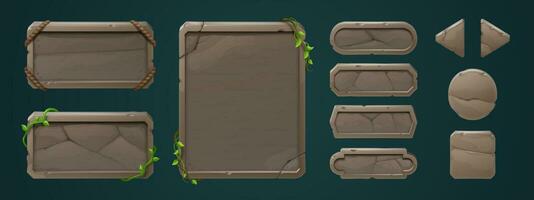 Stone game menu boards with vines and lianas, set vector