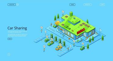 Car sharing isometric landing page, web banner vector