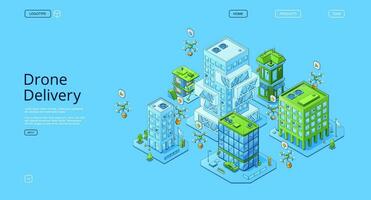 Drone delivery isometric landing page, quadcopters vector