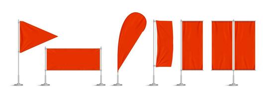 Red vinyl flags and set banners on pole vector