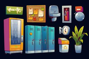 School hallway set, lockers, alarm bell, clock vector