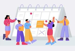 Tiny business people team around of huge calendar vector