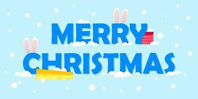 blue inscription with ears merry christmas and gifts vector