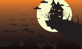 Halloween Background with bat, branch, castle and sky vector