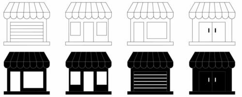 conjunto de iconos de tienda o tienda en blanco y negro con un estilo diferente aislado en fondo blanco vector