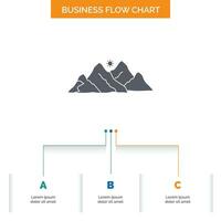 montaña. paisaje. Cerro. naturaleza. diseño de diagrama de flujo de negocios de escena con 3 pasos. icono de glifo para el lugar de plantilla de fondo de presentación para texto. vector