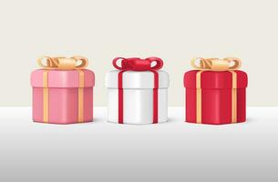 SET 3D Gift Box Fink, Red and white. 3d render modern holiday surprise box. Realistic vector icons