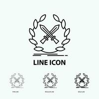 battle. emblem. game. label. swords Icon in Thin. Regular and Bold Line Style. Vector illustration