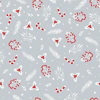 Vector winter floral pattern with snowflakes. Seamless background with winter branches, leaves, berry and stars. Hand drawn floral elements.